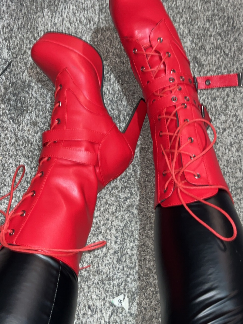 Women's Red Lace-Up Platform Heeled Boots